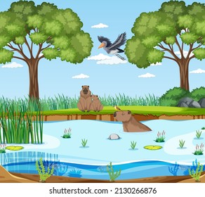 Scene with wild animals by the river illustration