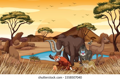 Scene with wild animals in the field illustration