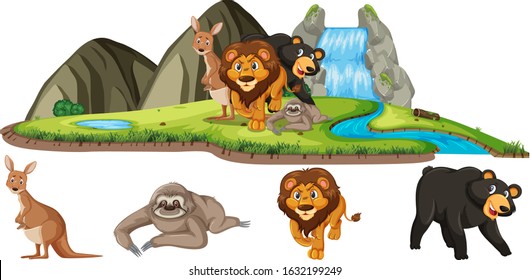 Scene with wild animals in the field on white background illustration