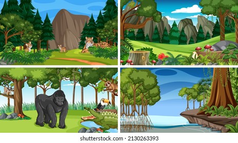 Scene with wild animals in forest illustration