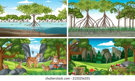 Scene with wild animals in the forest illustration