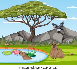 Scene with wild animals in the forest illustration