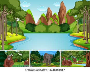 Escena con animales salvajes en la ilustración forestal