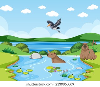 Escena con animales salvajes en la ilustración forestal