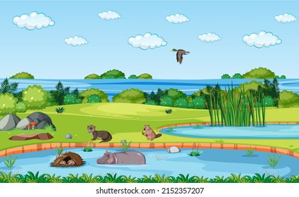 Scene with wild animals in the forest illustration