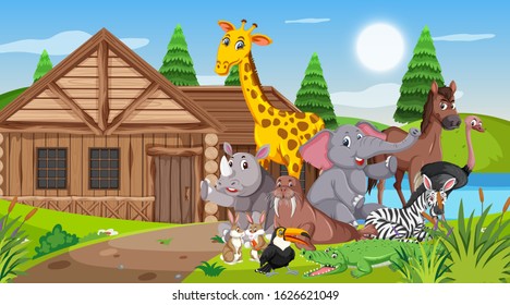 Scene with wild animals in front of the wooden cottage illustration