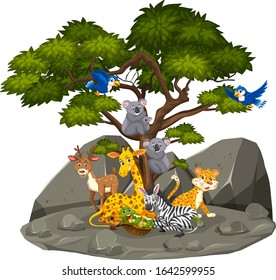 Scene with wild animals in the rocky mountain illustration