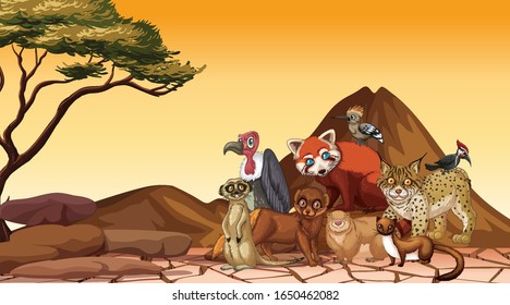 Scene with wild animals in savanna field illustration