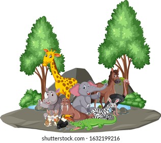 Scene with wild animals together by the pond illustration