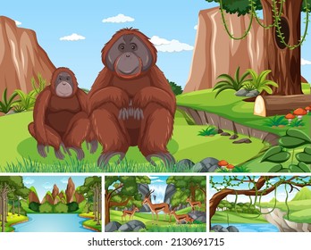 Scene with wild animals in the woods illustration