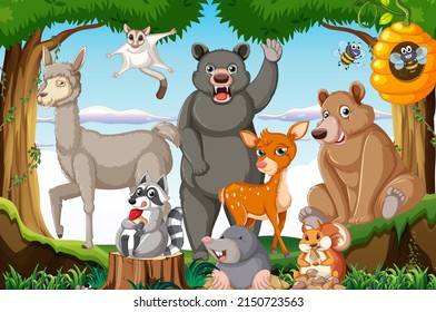 Scene with wild animals in the woods illustration