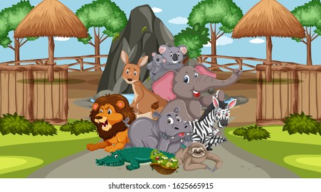 Scene with wild animals in the zoo at day time illustration