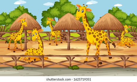 Scene with wild animals in the zoo at day time illustration