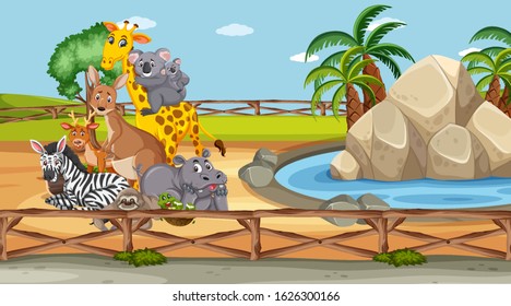 Scene with wild animals in the zoo at day time illustration