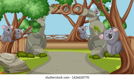 Scene with wild animals in the zoo at day time illustration