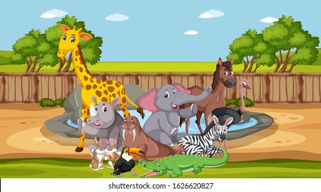 Scene with wild animals in the zoo at day time illustration