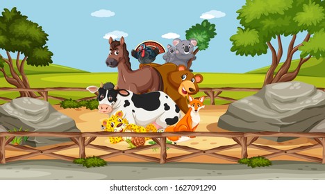 Scene with wild animals in the zoo at day time illustration