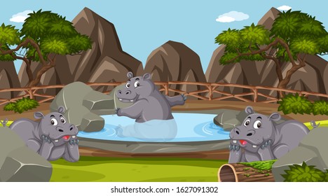 Scene with wild animals in the zoo at day time illustration