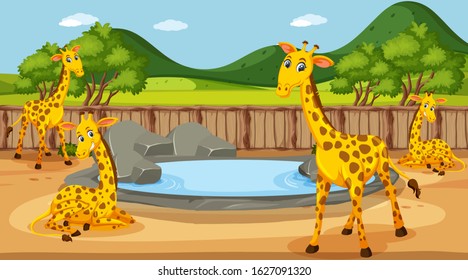 Scene with wild animals in the zoo at day time illustration