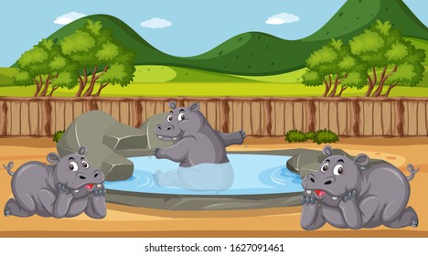 Scene with wild animals in the zoo at day time illustration