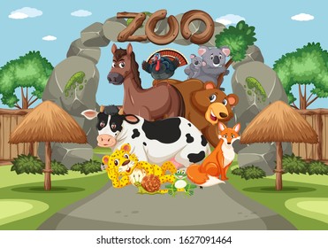 Scene with wild animals in the zoo at day time illustration
