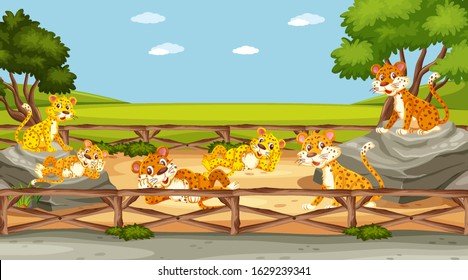 Scene with wild animals in the zoo at day time illustration