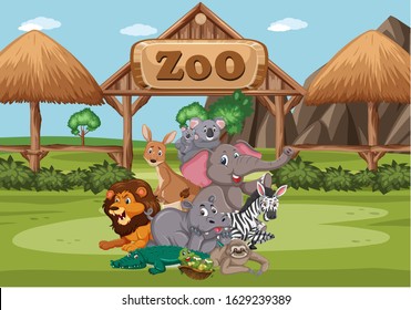 Scene with wild animals in the zoo at day time illustration