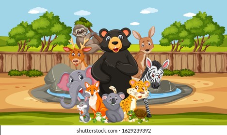 Scene with wild animals in the zoo at day time illustration