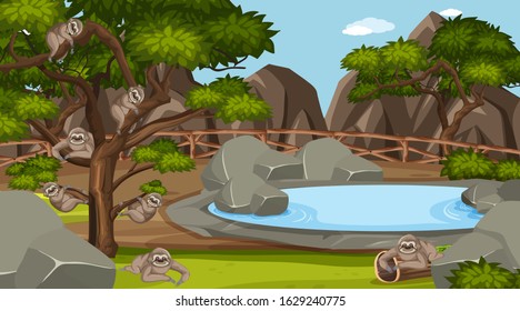 Scene with wild animals in the zoo at day time illustration