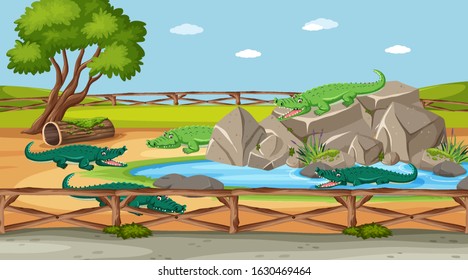 Scene with wild animals in the zoo at day time illustration