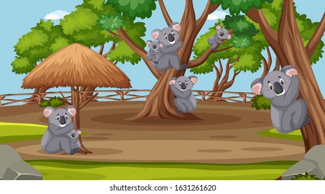 Scene with wild animals in the zoo at day time illustration