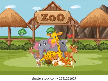 Scene with wild animals in the zoo at day time illustration