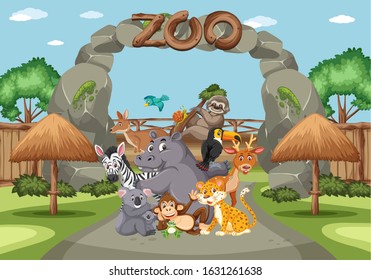 Scene with wild animals in the zoo at day time illustration