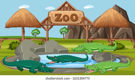 Scene with wild animals in the zoo at day time illustration