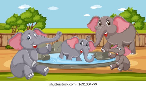 Scene with wild animals in the zoo at day time illustration