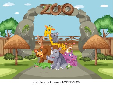 Scene with wild animals in the zoo at day time illustration