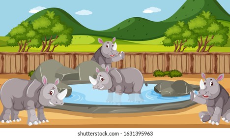 Scene with wild animals in the zoo at day time illustration