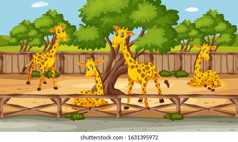 Scene with wild animals in the zoo at day time illustration