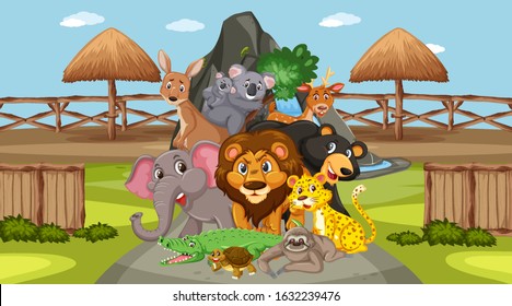 Scene with wild animals in the zoo at day time illustration