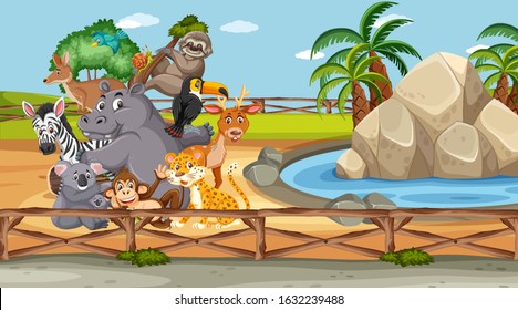 Scene with wild animals in the zoo at day time illustration