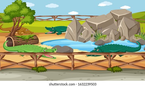 Scene with wild animals in the zoo at day time illustration