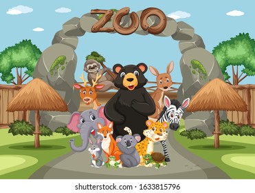 Scene with wild animals in the zoo at day time illustration