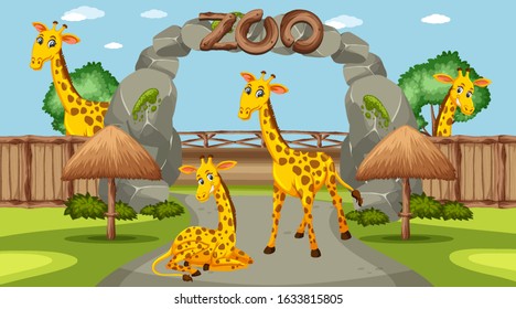Scene with wild animals in the zoo at day time illustration