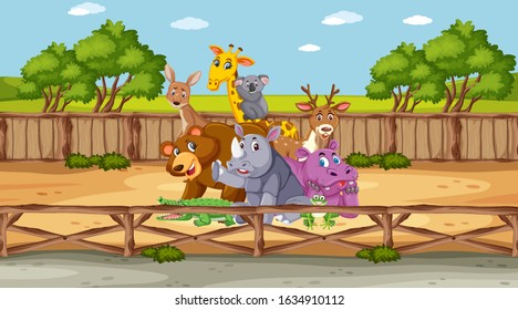 Scene with wild animals in the zoo at day time illustration