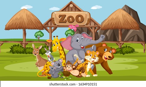 Scene with wild animals in the zoo at day time illustration