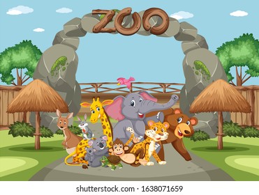 Scene with wild animals in the zoo at day time illustration