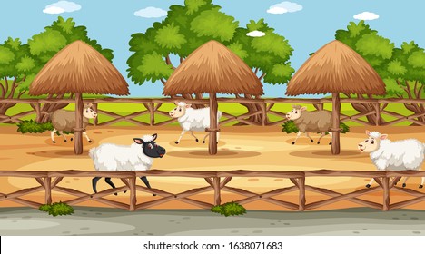 Scene with wild animals in the zoo at day time illustration