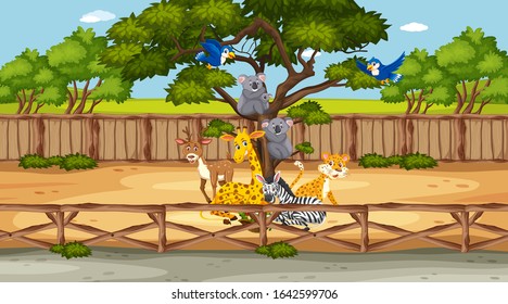 Scene with wild animals in the zoo at day time illustration