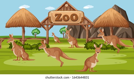 Scene with wild animals in the zoo at day time illustration