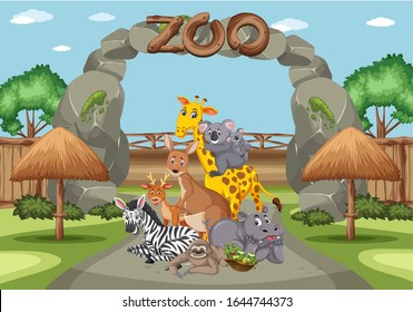 Scene with wild animals in the zoo at day time illustration